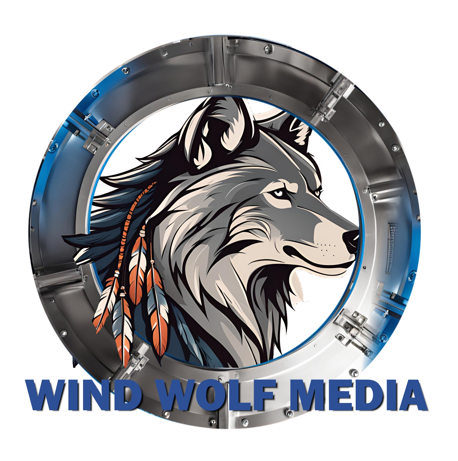 Wind Wolf Media logo raw, wolf illustration in a porthole frame